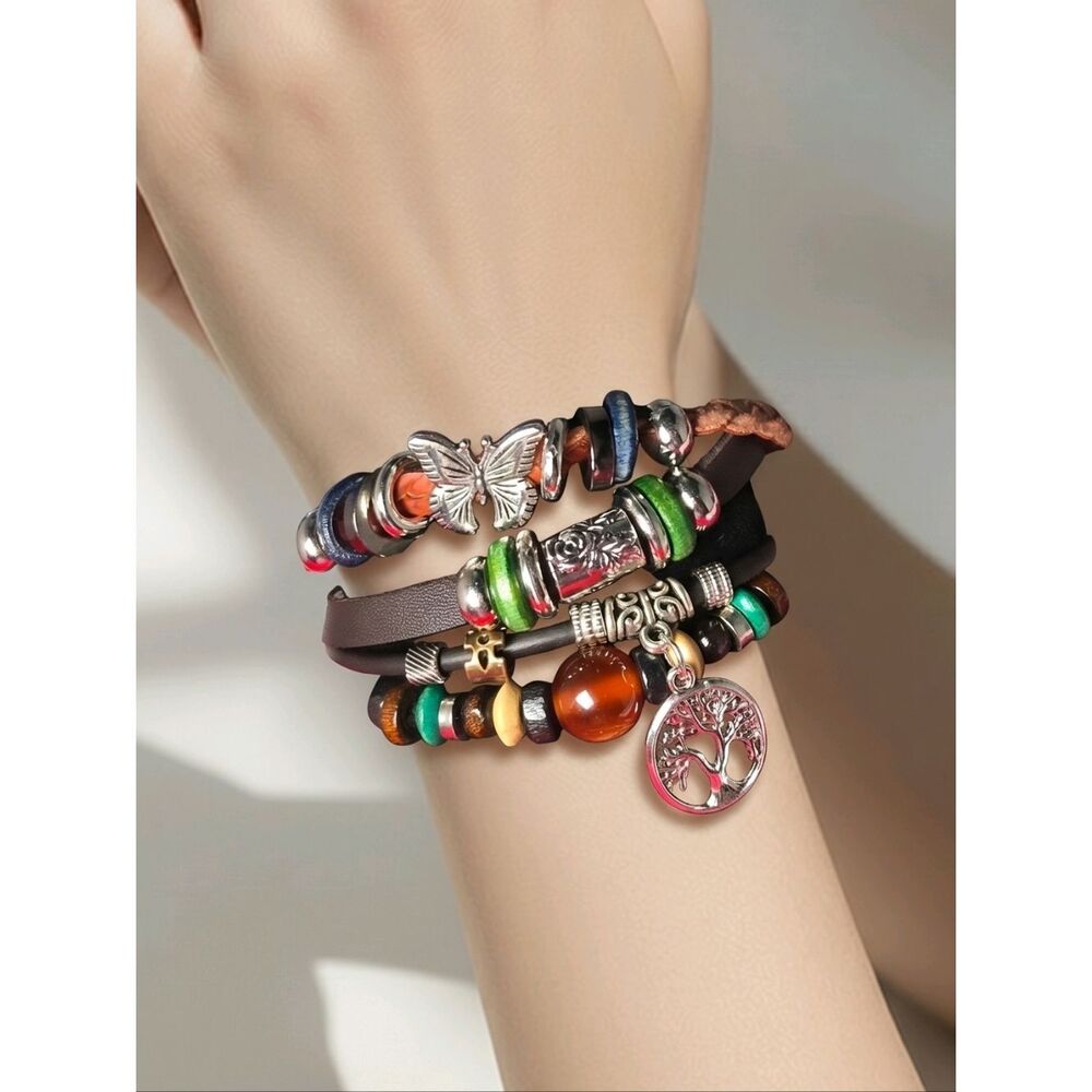Boho Butterfly Tree of Life Leather Wrap Bracelet Multilayer Stack Charm Cuff